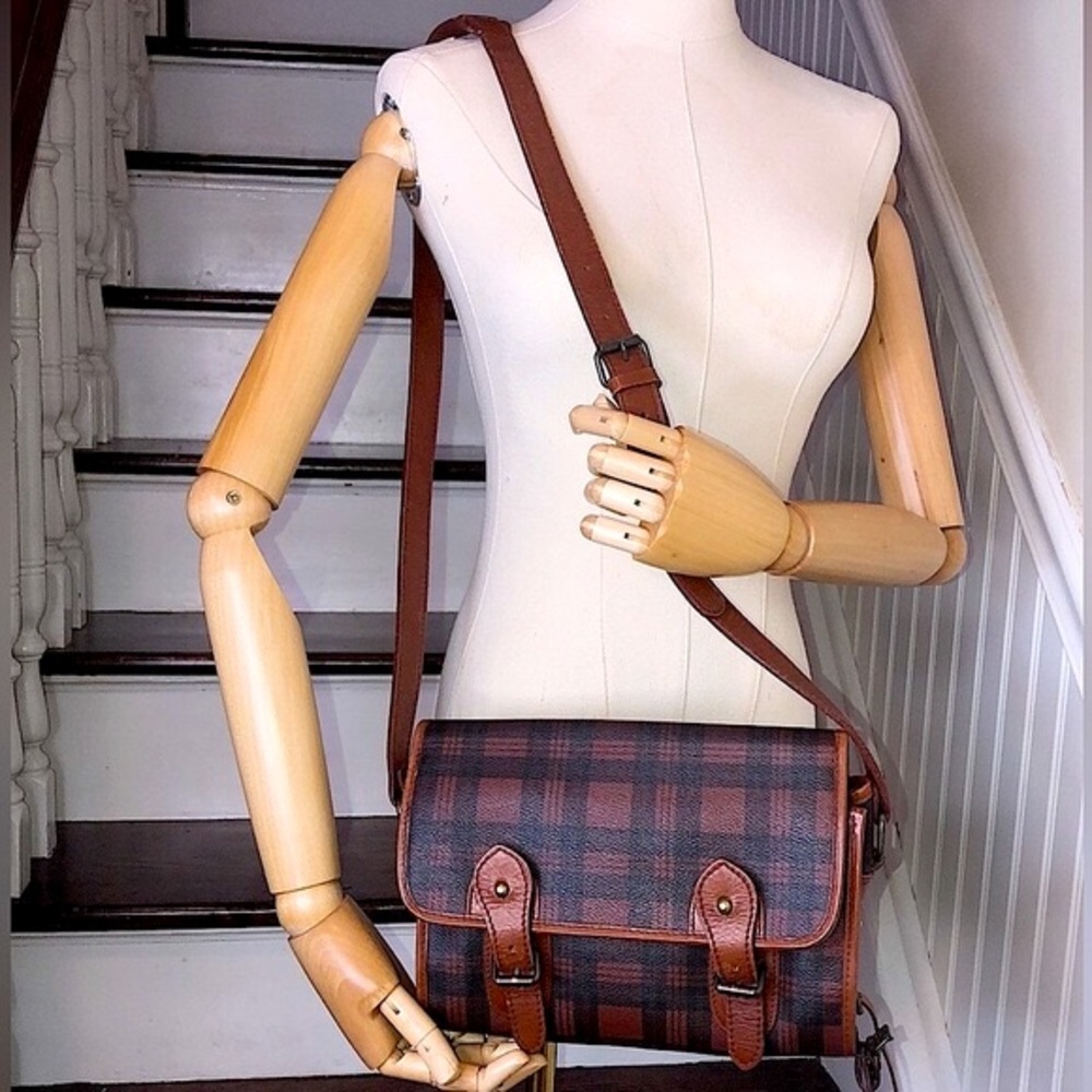 RALPH LAUREN Brown Green Tartan Plaid Rolled Body Crossbody Messenger SaddleBag - Picture 3 of 17